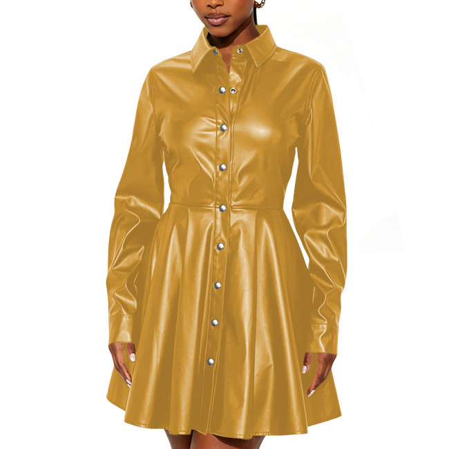 Women Long Sleeve Turn-Down Collar Mini Dress High Street Faux Leather Flared Hem Short Gown Female Buttons Party Shirt Dress