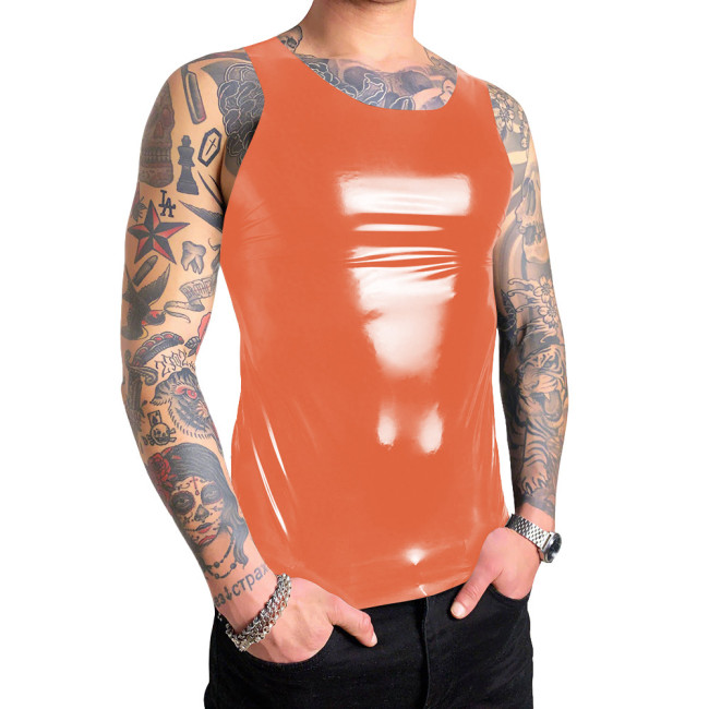 Mens PVC Vinyl Leather Tank Tops Glossy Vest T-Shirts Sleeveless Male Wetlook Zipper Back O-neck Slim Vest Nightclub Costumes