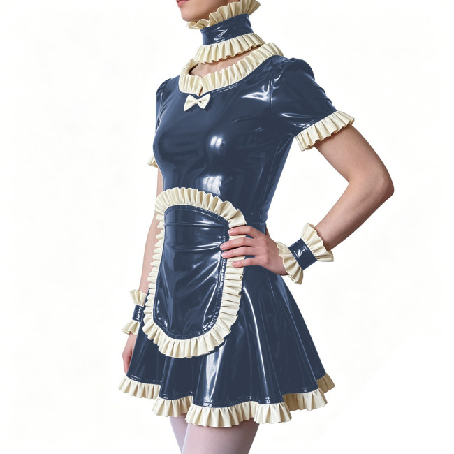 Sissy Ruffles Trim French Maid Dress with Apron Choker Wrist Cuffs Glossy PVC Leather Party Carnival Role Play Maid Uniforms 7XL