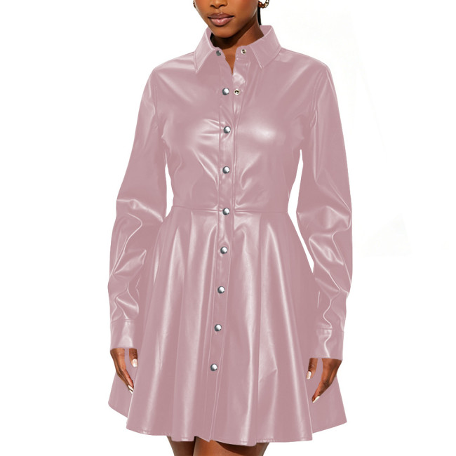 Women Long Sleeve Turn-Down Collar Mini Dress High Street Faux Leather Flared Hem Short Gown Female Buttons Party Shirt Dress