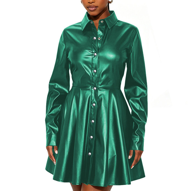 Women Long Sleeve Turn-Down Collar Mini Dress High Street Faux Leather Flared Hem Short Gown Female Buttons Party Shirt Dress