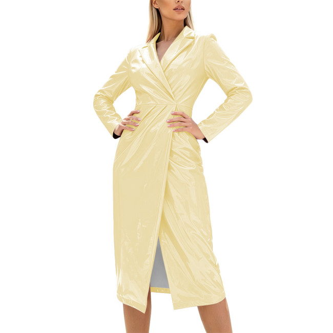 New PVC Shiny Long-sleeved Trench Women's Dress Fashion Lapel Elegant Female Office Dress Wet Look High Street Party Clubwear