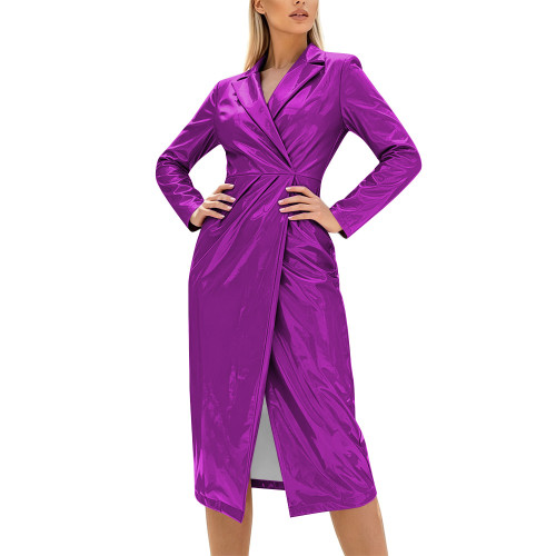 New PVC Shiny Long-sleeved Trench Women's Dress Fashion Lapel Elegant Female Office Dress Wet Look High Street Party Clubwear