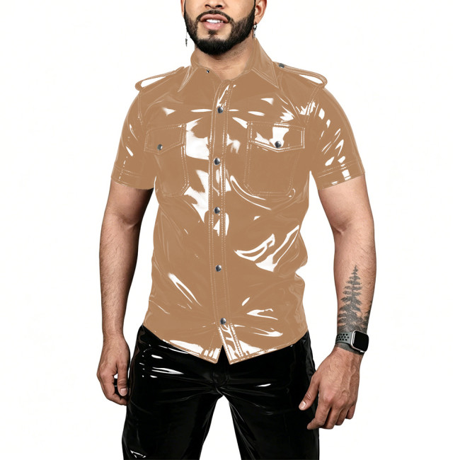 Men Vinyl PVC Leather Club Shirt Mens Wet Look Short Sleeve Button Up Lapel Shirt Male Punk Style Pocket Shirt Top Stage Costume
