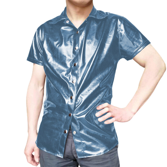 Mens Short Sleeve Shirts Glossy PVC Leather Button Up T-Shirts Nightclub Party Costumes Male High Street Fetish Shirt Wetlook