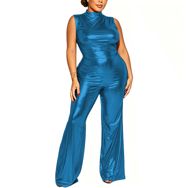 Women's Shiny Sleeveless High Neck Jumpsuit Night Club Metallic Bodycon Flare Leg Rompers with Back Zipper Pary Cosplay Outfit