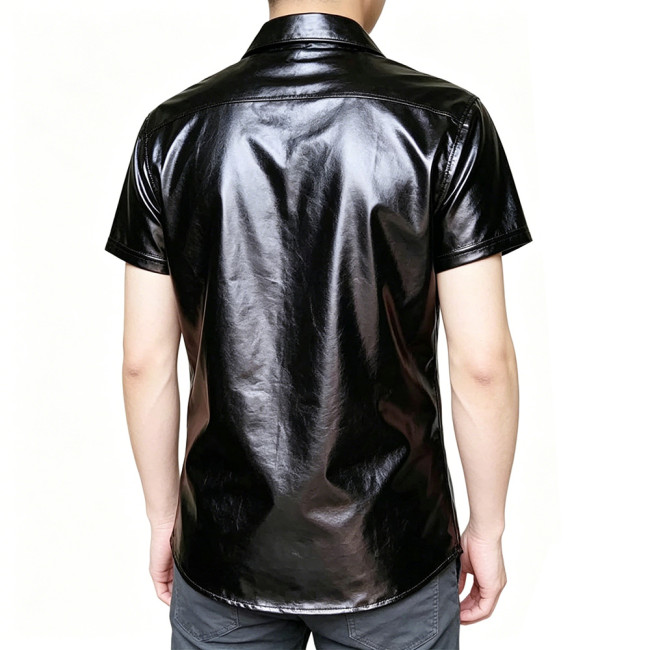 Mens Short Sleeve Shirts Glossy PVC Leather Button Up T-Shirts Nightclub Party Costumes Male High Street Fetish Shirt Wetlook