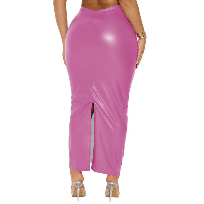 Plus Size Matte Faux Leather Back Split Skirt Women High-waist Package Hip Long Skirts Sexy Vintage Party PU Pencil Skirt Female