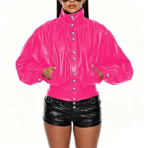 Vintage Matte Faux Leather Jacket Club Fashion Motorcycle Bomber Jacket Womens Button Up Balloon Long Sleeve Coat Streetwear