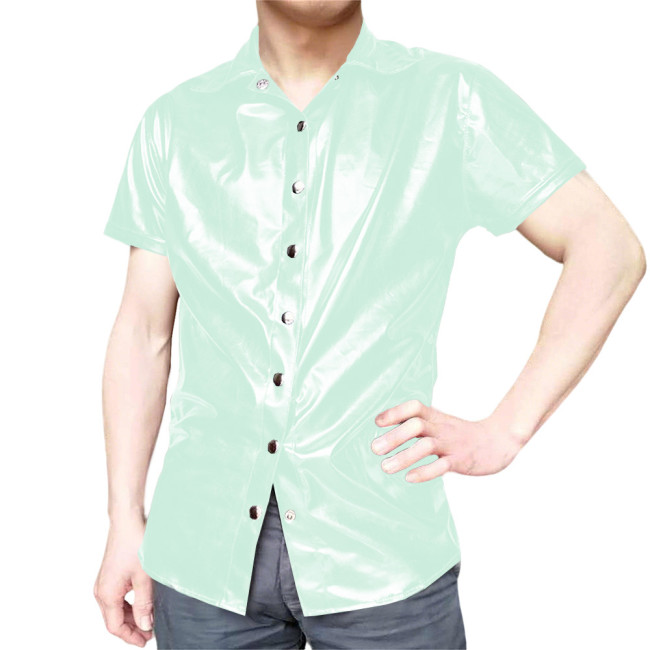 Mens Short Sleeve Shirts Glossy PVC Leather Button Up T-Shirts Nightclub Party Costumes Male High Street Fetish Shirt Wetlook