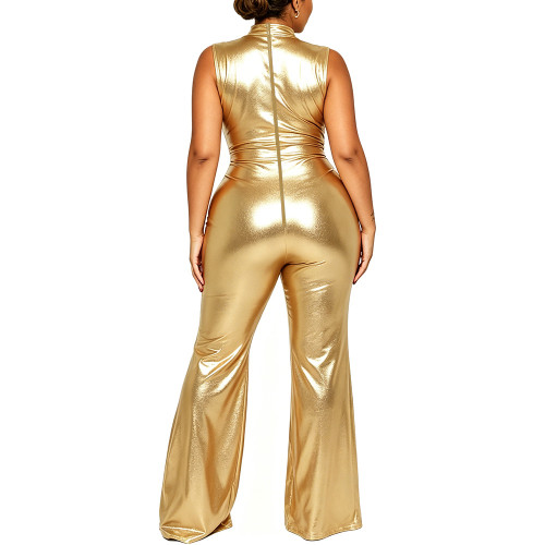 Women's Shiny Sleeveless High Neck Jumpsuit Night Club Metallic Bodycon Flare Leg Rompers with Back Zipper Pary Cosplay Outfit