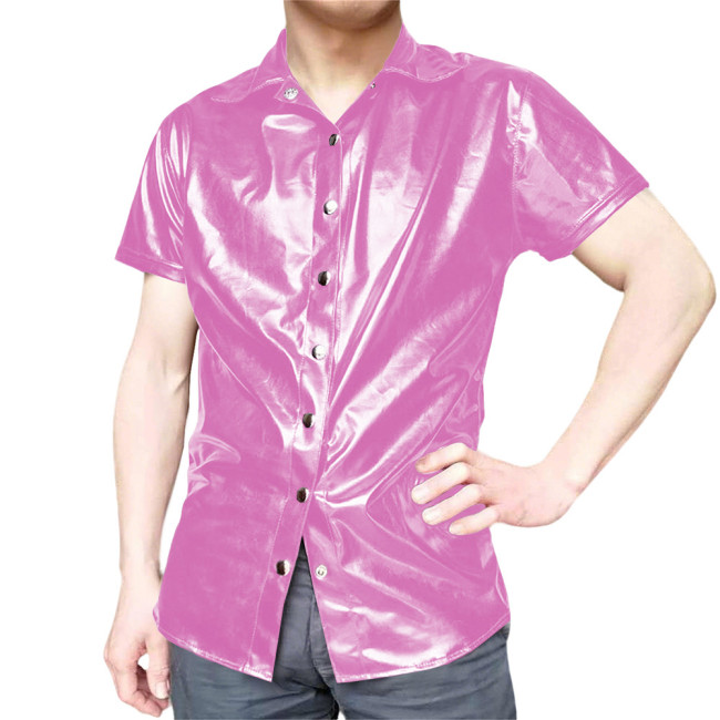 Mens Short Sleeve Shirts Glossy PVC Leather Button Up T-Shirts Nightclub Party Costumes Male High Street Fetish Shirt Wetlook