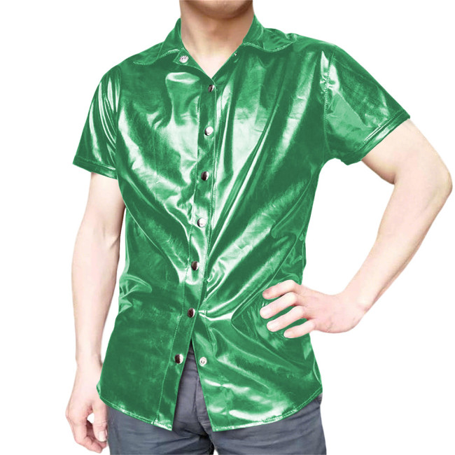Mens Short Sleeve Shirts Glossy PVC Leather Button Up T-Shirts Nightclub Party Costumes Male High Street Fetish Shirt Wetlook