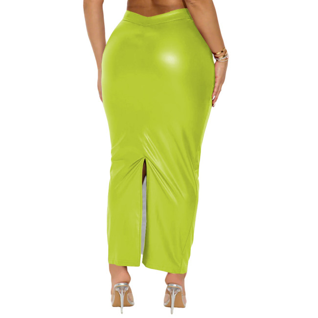 Plus Size Matte Faux Leather Back Split Skirt Women High-waist Package Hip Long Skirts Sexy Vintage Party PU Pencil Skirt Female