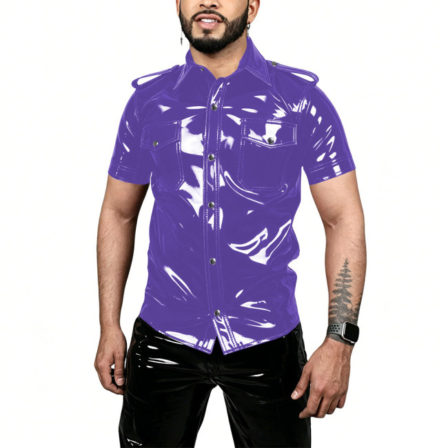 Men Vinyl PVC Leather Club Shirt Mens Wet Look Short Sleeve Button Up Lapel Shirt Male Punk Style Pocket Shirt Top Stage Costume