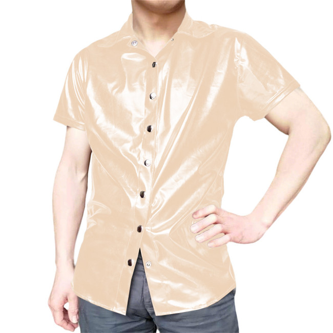 Mens Short Sleeve Shirts Glossy PVC Leather Button Up T-Shirts Nightclub Party Costumes Male High Street Fetish Shirt Wetlook