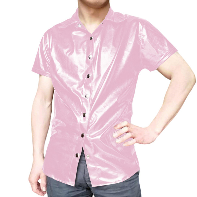Mens Short Sleeve Shirts Glossy PVC Leather Button Up T-Shirts Nightclub Party Costumes Male High Street Fetish Shirt Wetlook