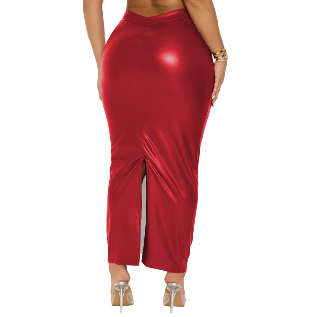 Plus Size Matte Faux Leather Back Split Skirt Women High-waist Package Hip Long Skirts Sexy Vintage Party PU Pencil Skirt Female