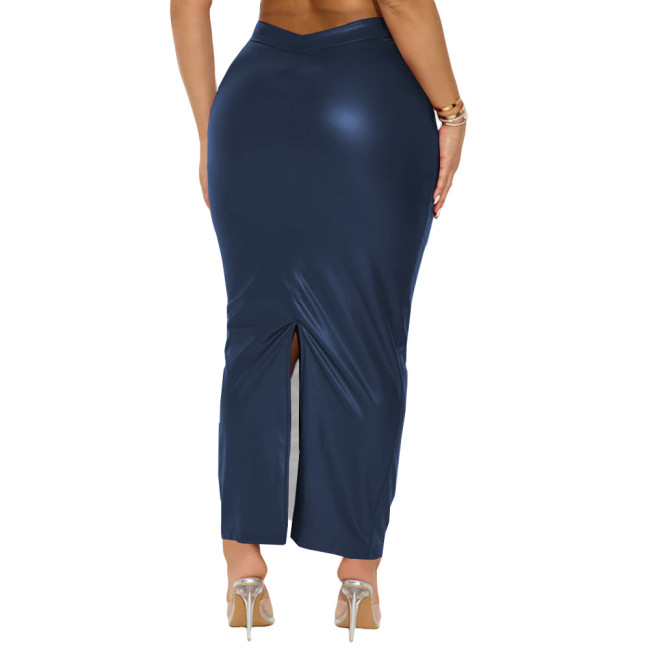 Plus Size Matte Faux Leather Back Split Skirt Women High-waist Package Hip Long Skirts Sexy Vintage Party PU Pencil Skirt Female