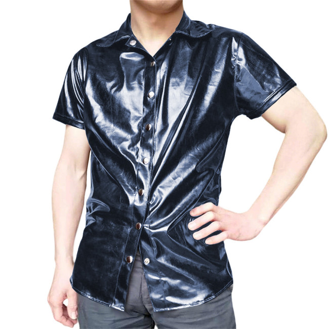 Mens Short Sleeve Shirts Glossy PVC Leather Button Up T-Shirts Nightclub Party Costumes Male High Street Fetish Shirt Wetlook