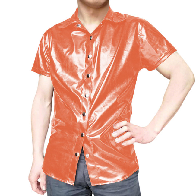 Mens Short Sleeve Shirts Glossy PVC Leather Button Up T-Shirts Nightclub Party Costumes Male High Street Fetish Shirt Wetlook