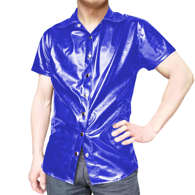 Mens Short Sleeve Shirts Glossy PVC Leather Button Up T-Shirts Nightclub Party Costumes Male High Street Fetish Shirt Wetlook