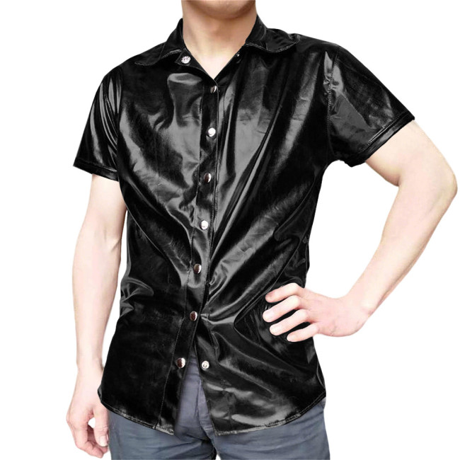 Mens Short Sleeve Shirts Glossy PVC Leather Button Up T-Shirts Nightclub Party Costumes Male High Street Fetish Shirt Wetlook