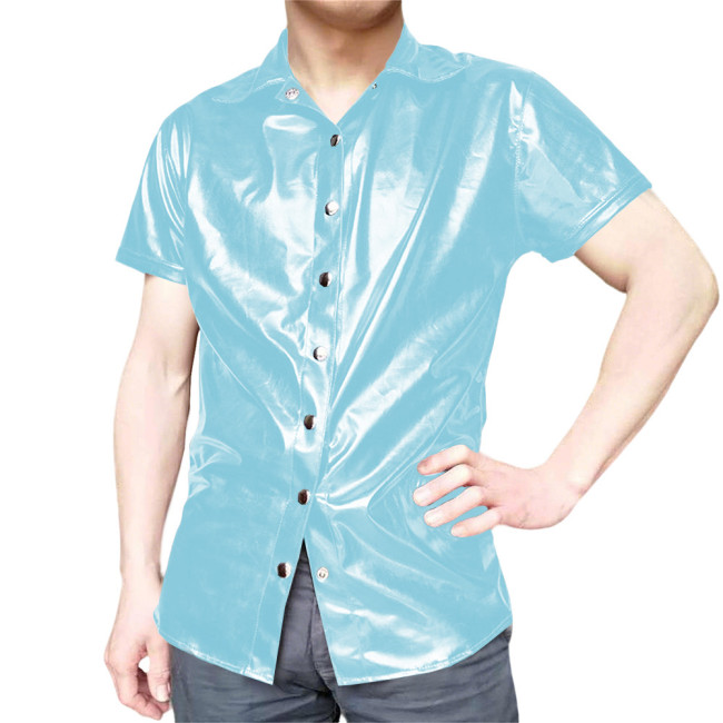 Mens Short Sleeve Shirts Glossy PVC Leather Button Up T-Shirts Nightclub Party Costumes Male High Street Fetish Shirt Wetlook