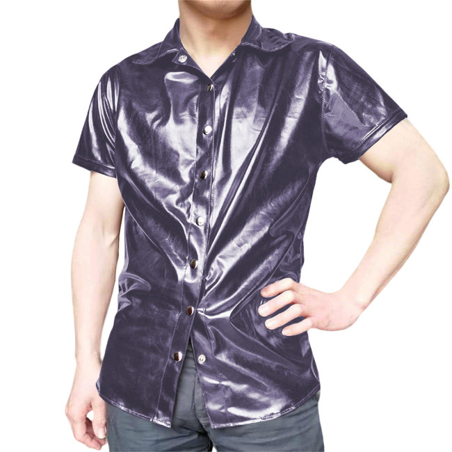 Mens Short Sleeve Shirts Glossy PVC Leather Button Up T-Shirts Nightclub Party Costumes Male High Street Fetish Shirt Wetlook