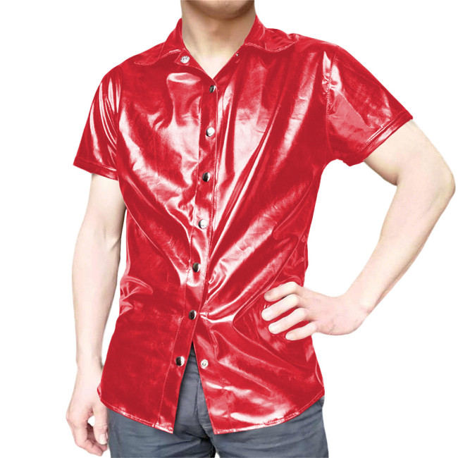 Mens Short Sleeve Shirts Glossy PVC Leather Button Up T-Shirts Nightclub Party Costumes Male High Street Fetish Shirt Wetlook