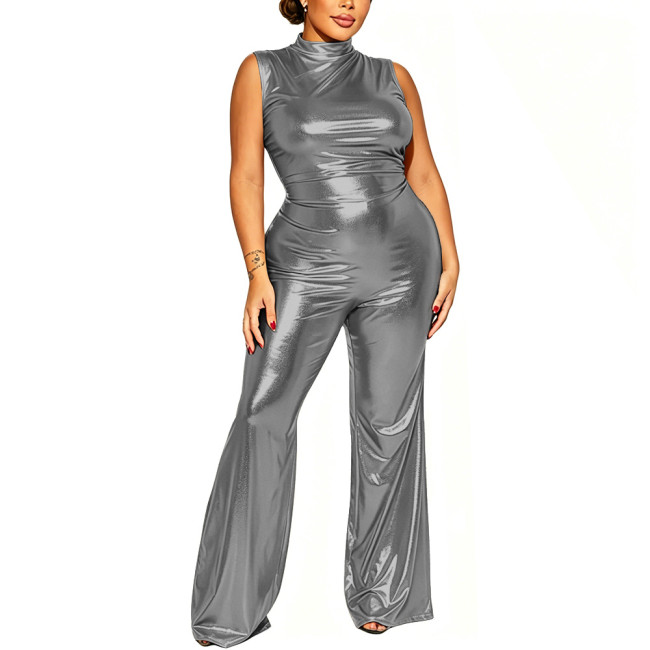 Women's Shiny Sleeveless High Neck Jumpsuit Night Club Metallic Bodycon Flare Leg Rompers with Back Zipper Pary Cosplay Outfit