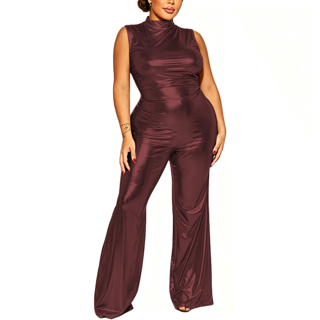 Women's Shiny Sleeveless High Neck Jumpsuit Night Club Metallic Bodycon Flare Leg Rompers with Back Zipper Pary Cosplay Outfit