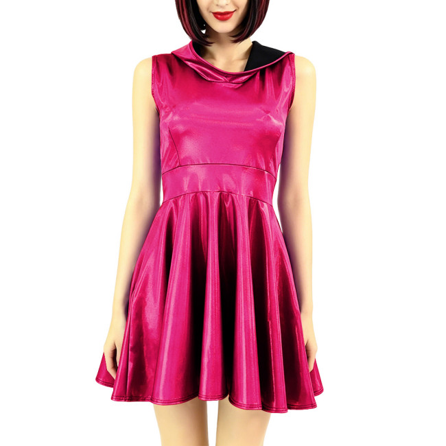 Womens Holographic Laser Sleeveless Hooded Skater Dress Party Club Shiny Metallic Flared Mini Dress Cosplay Performance Outfits