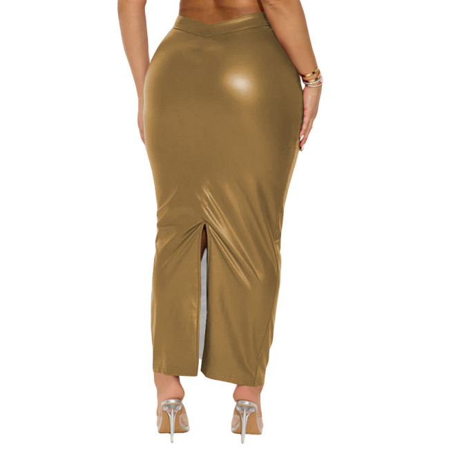 Plus Size Matte Faux Leather Back Split Skirt Women High-waist Package Hip Long Skirts Sexy Vintage Party PU Pencil Skirt Female