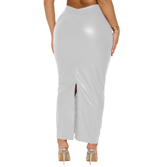 Plus Size Matte Faux Leather Back Split Skirt Women High-waist Package Hip Long Skirts Sexy Vintage Party PU Pencil Skirt Female