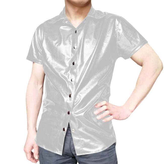 Mens Short Sleeve Shirts Glossy PVC Leather Button Up T-Shirts Nightclub Party Costumes Male High Street Fetish Shirt Wetlook