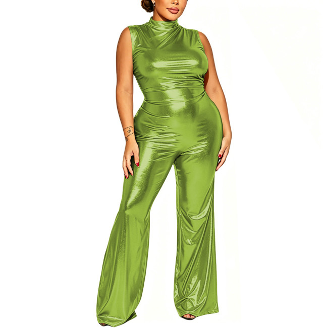 Women's Shiny Sleeveless High Neck Jumpsuit Night Club Metallic Bodycon Flare Leg Rompers with Back Zipper Pary Cosplay Outfit