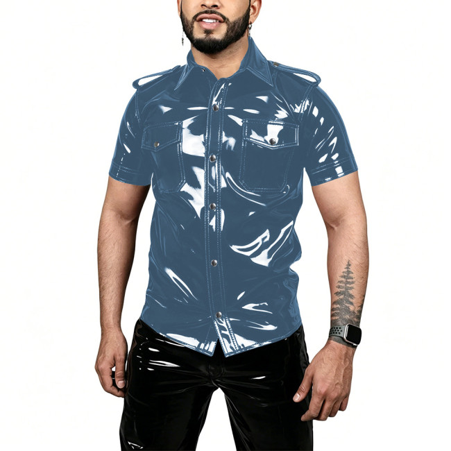 Men Vinyl PVC Leather Club Shirt Mens Wet Look Short Sleeve Button Up Lapel Shirt Male Punk Style Pocket Shirt Top Stage Costume