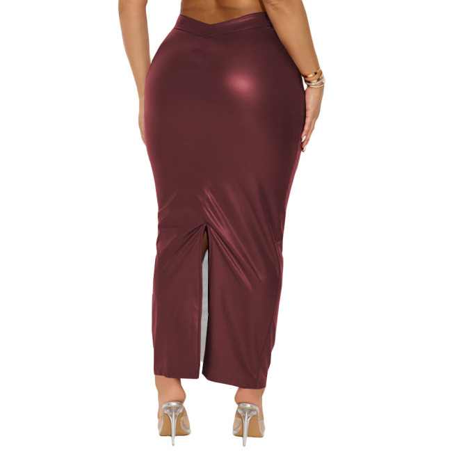 Plus Size Matte Faux Leather Back Split Skirt Women High-waist Package Hip Long Skirts Sexy Vintage Party PU Pencil Skirt Female