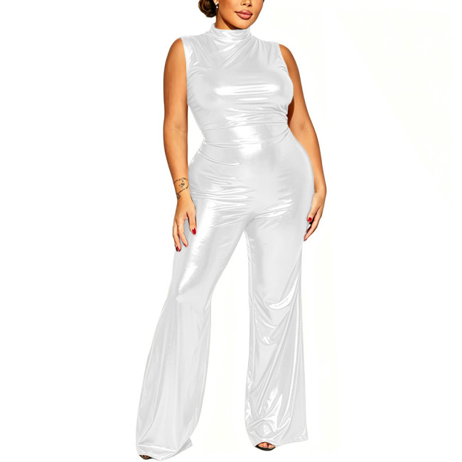 Women's Shiny Sleeveless High Neck Jumpsuit Night Club Metallic Bodycon Flare Leg Rompers with Back Zipper Pary Cosplay Outfit