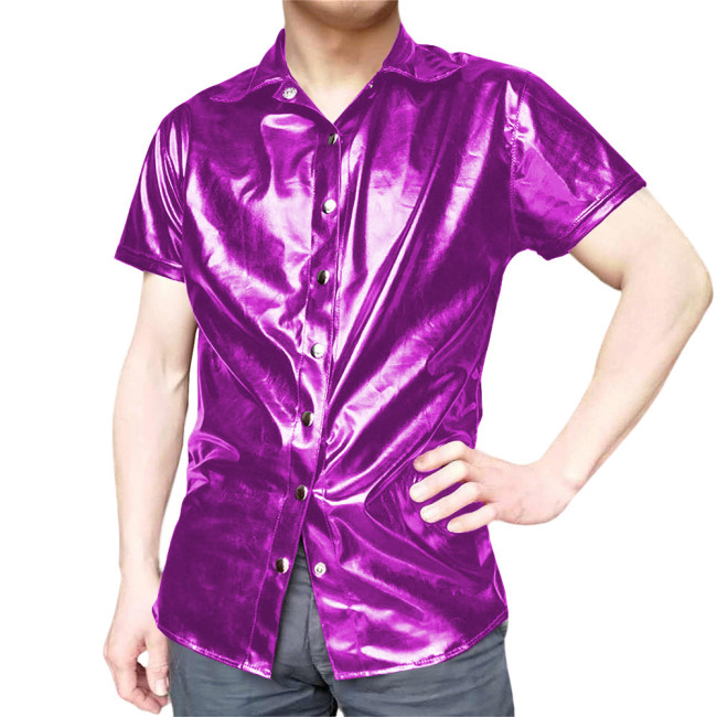 Mens Short Sleeve Shirts Glossy PVC Leather Button Up T-Shirts Nightclub Party Costumes Male High Street Fetish Shirt Wetlook
