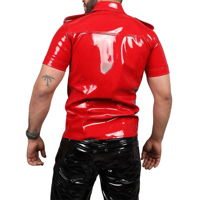 Men Vinyl PVC Leather Club Shirt Mens Wet Look Short Sleeve Button Up Lapel Shirt Male Punk Style Pocket Shirt Top Stage Costume