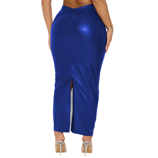 Plus Size Matte Faux Leather Back Split Skirt Women High-waist Package Hip Long Skirts Sexy Vintage Party PU Pencil Skirt Female