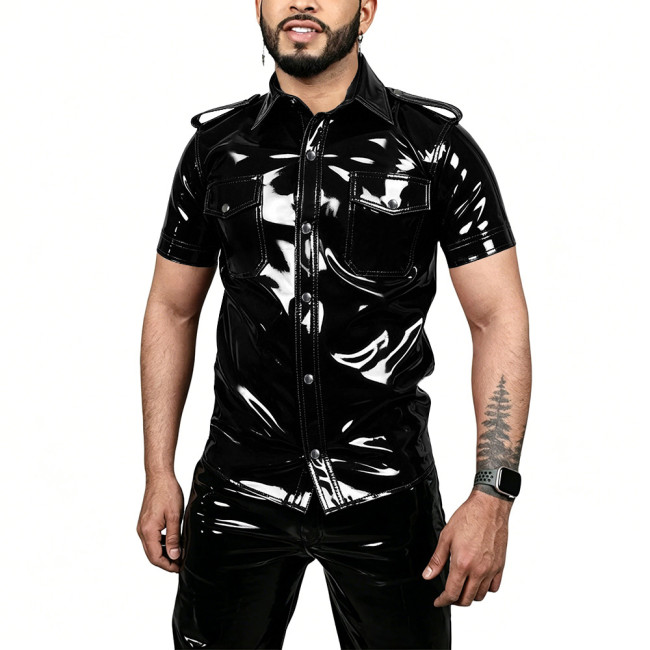 Men Vinyl PVC Leather Club Shirt Mens Wet Look Short Sleeve Button Up Lapel Shirt Male Punk Style Pocket Shirt Top Stage Costume