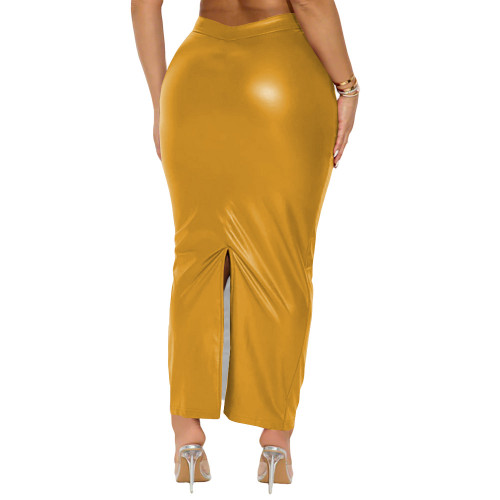 Plus Size Matte Faux Leather Back Split Skirt Women High-waist Package Hip Long Skirts Sexy Vintage Party PU Pencil Skirt Female