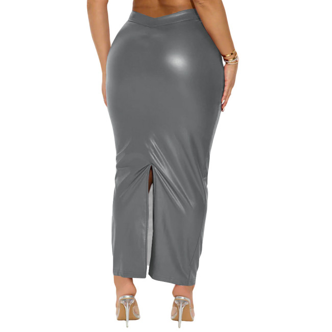 Plus Size Matte Faux Leather Back Split Skirt Women High-waist Package Hip Long Skirts Sexy Vintage Party PU Pencil Skirt Female