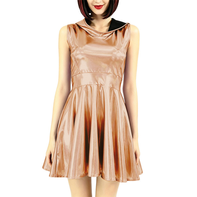 Womens Holographic Laser Sleeveless Hooded Skater Dress Party Club Shiny Metallic Flared Mini Dress Cosplay Performance Outfits