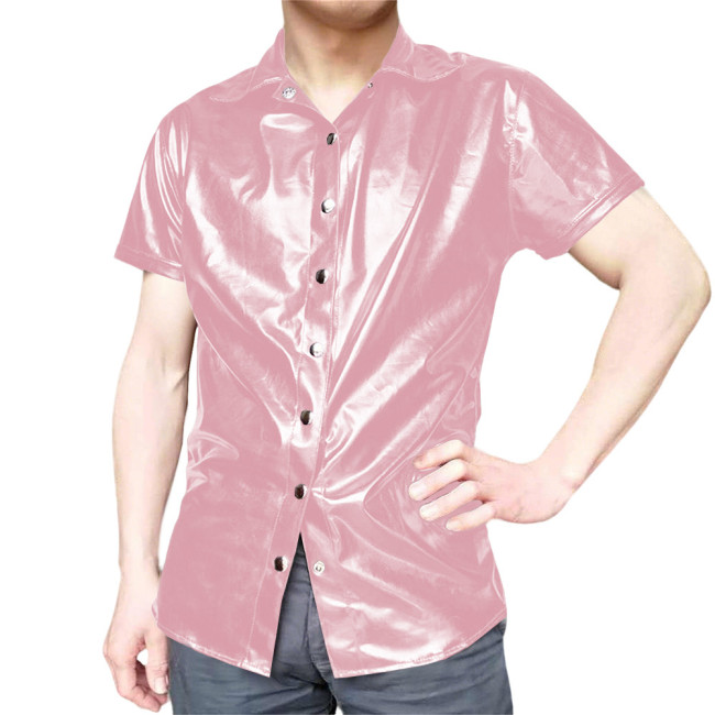 Mens Short Sleeve Shirts Glossy PVC Leather Button Up T-Shirts Nightclub Party Costumes Male High Street Fetish Shirt Wetlook