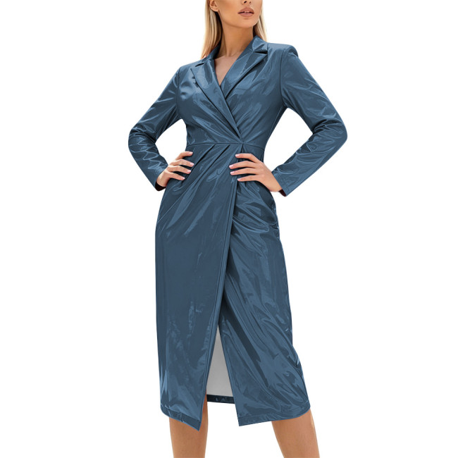 New PVC Shiny Long-sleeved Trench Women's Dress Fashion Lapel Elegant Female Office Dress Wet Look High Street Party Clubwear