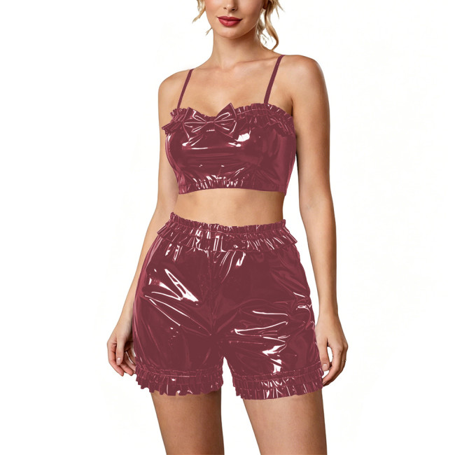 Women's Glossy Vinyl Two-Piece Sets Lolita Ruffled Trim Camisole Crop Top and Elastic Waist Shorts Sexy Clubwear Party Lingerie